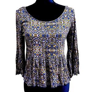 Free People Printed Peplum Top Shirt Blouse Small Swingy Casual Royal Combo